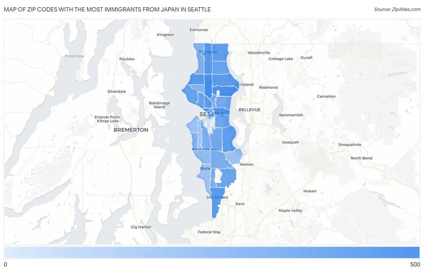 Zip Codes with the Most Immigrants from Japan in Seattle Map