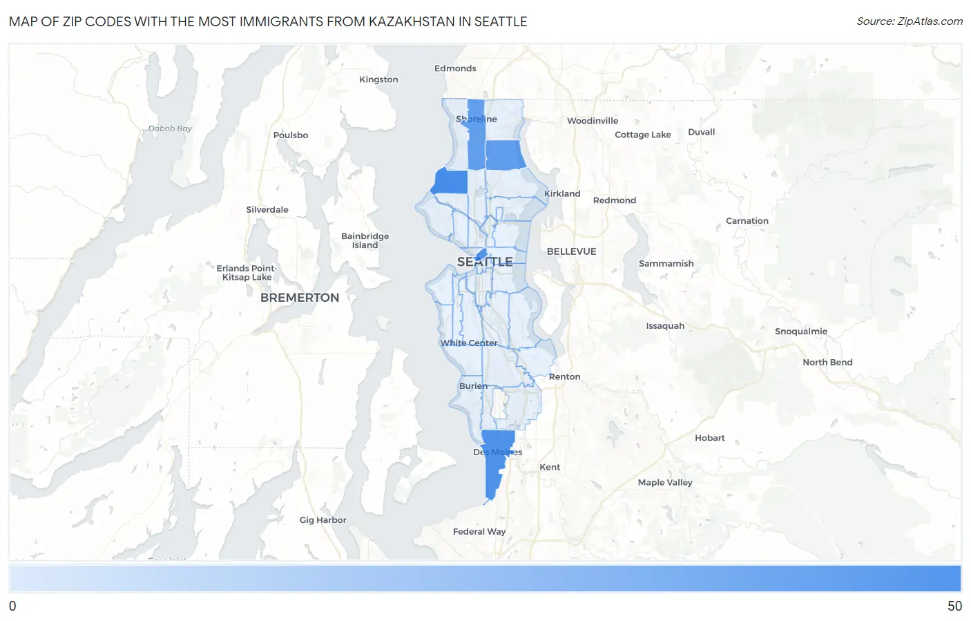 Zip Codes with the Most Immigrants from Kazakhstan in Seattle Map