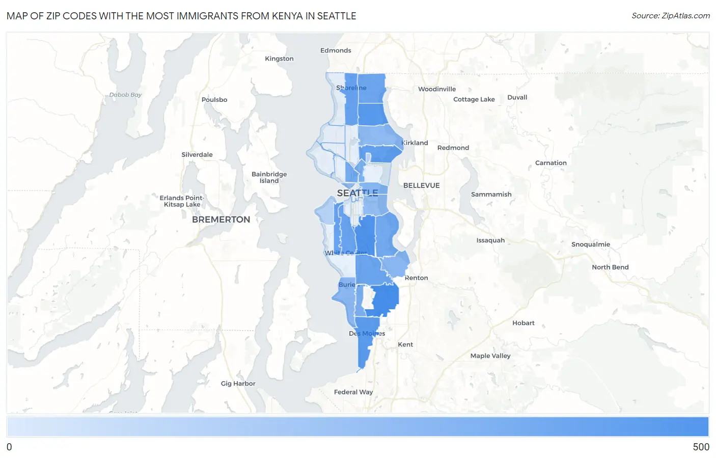 Zip Codes with the Most Immigrants from Kenya in Seattle Map