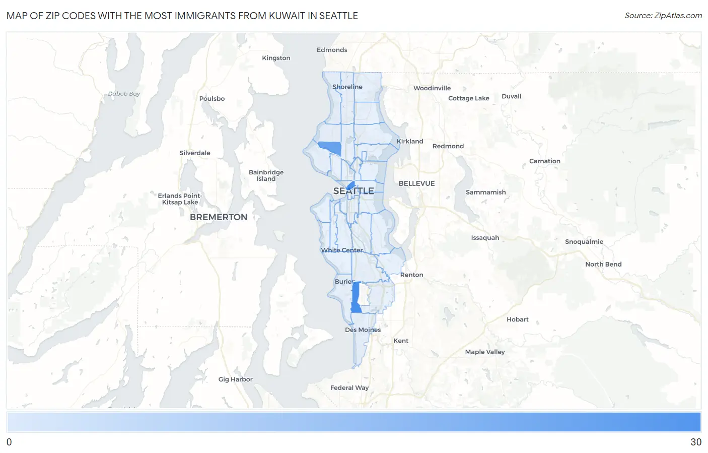Zip Codes with the Most Immigrants from Kuwait in Seattle Map