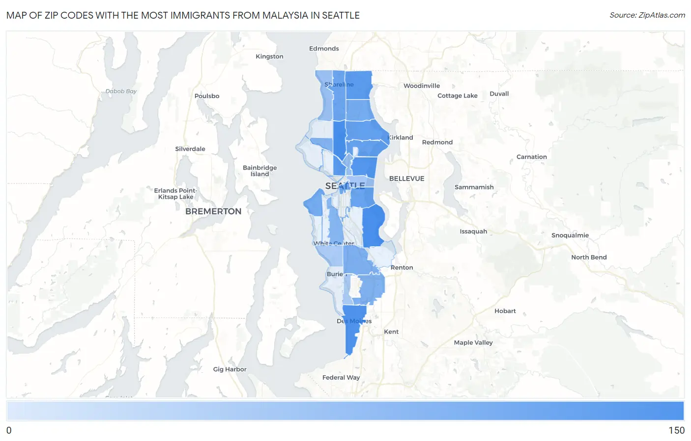 Zip Codes with the Most Immigrants from Malaysia in Seattle Map