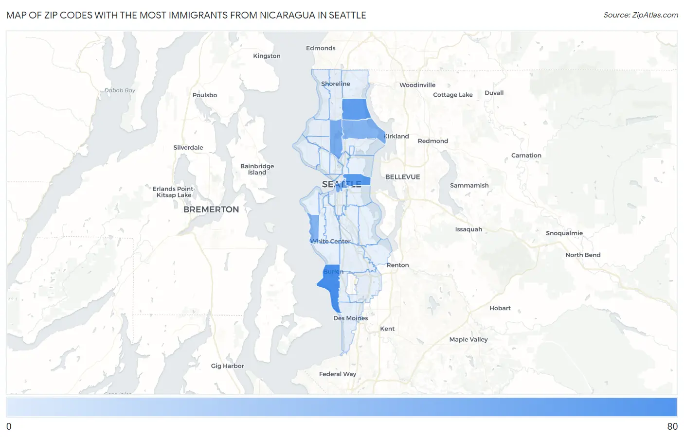Zip Codes with the Most Immigrants from Nicaragua in Seattle Map