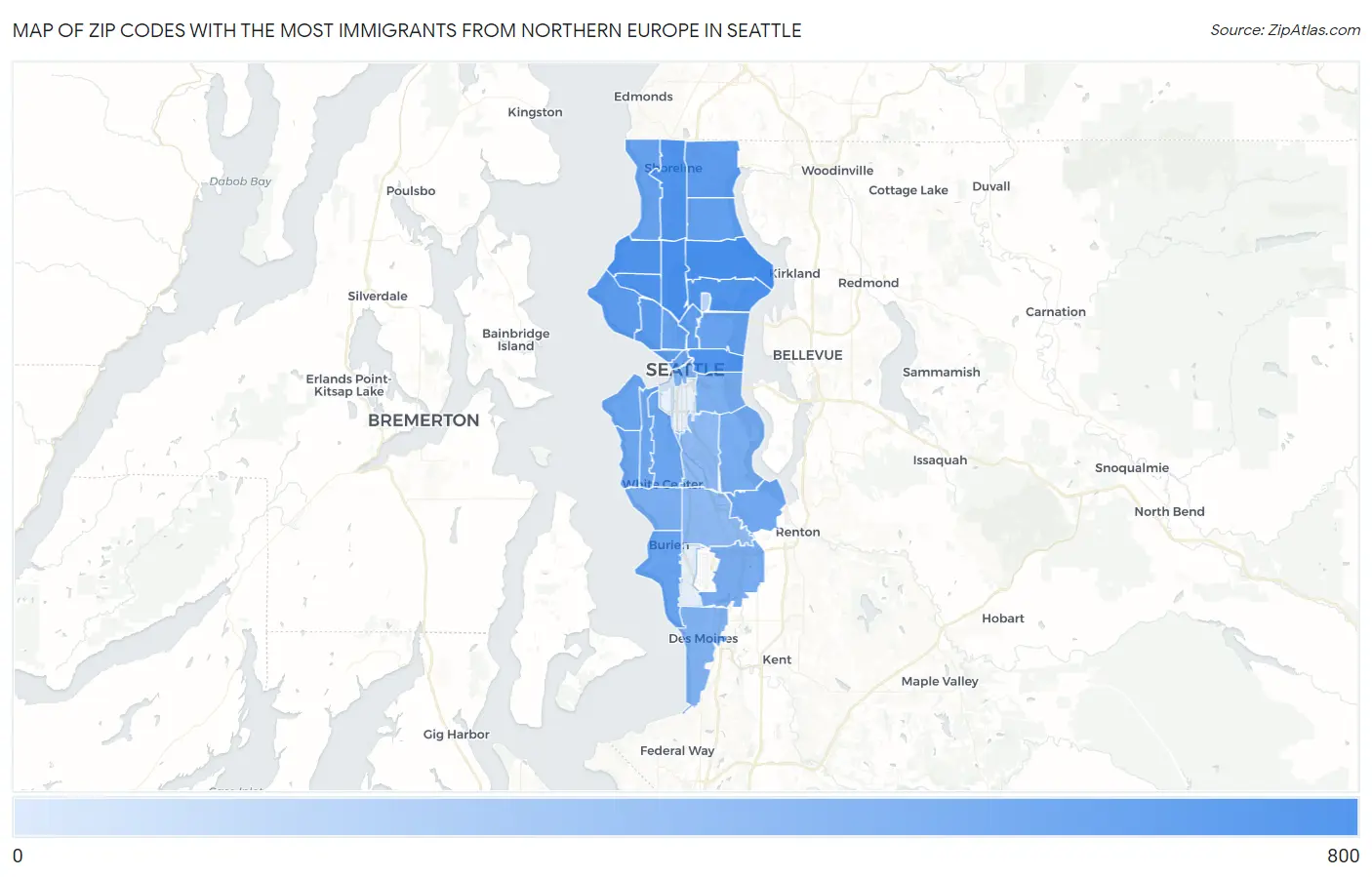 Zip Codes with the Most Immigrants from Northern Europe in Seattle Map