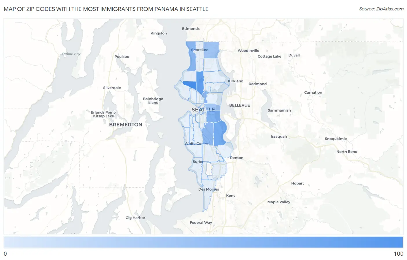 Zip Codes with the Most Immigrants from Panama in Seattle Map