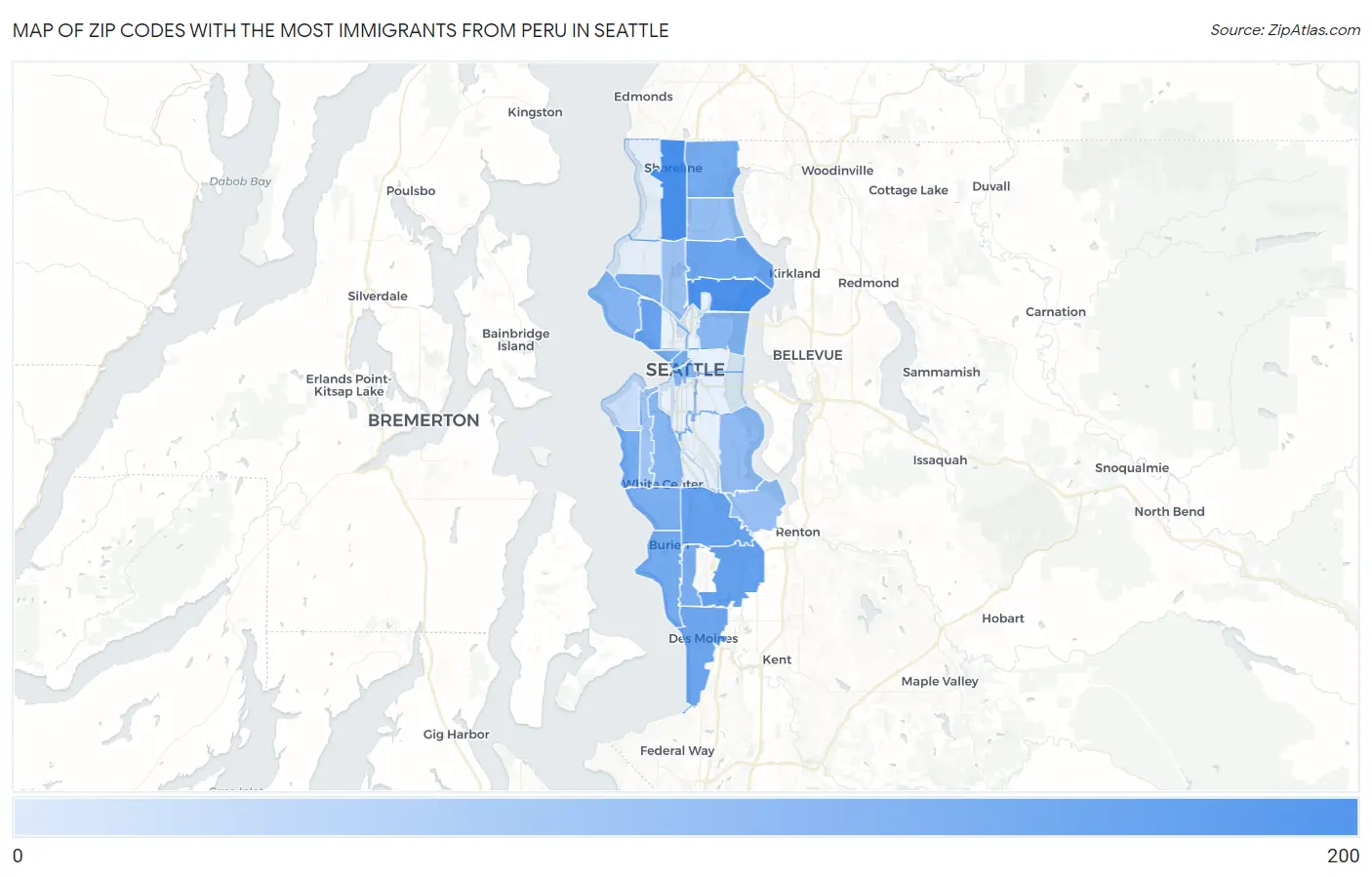 Zip Codes with the Most Immigrants from Peru in Seattle Map