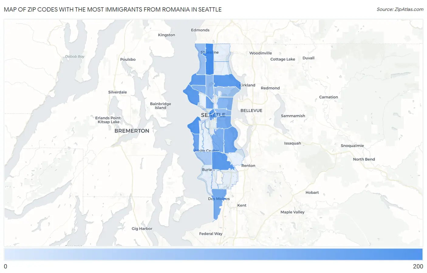 Zip Codes with the Most Immigrants from Romania in Seattle Map