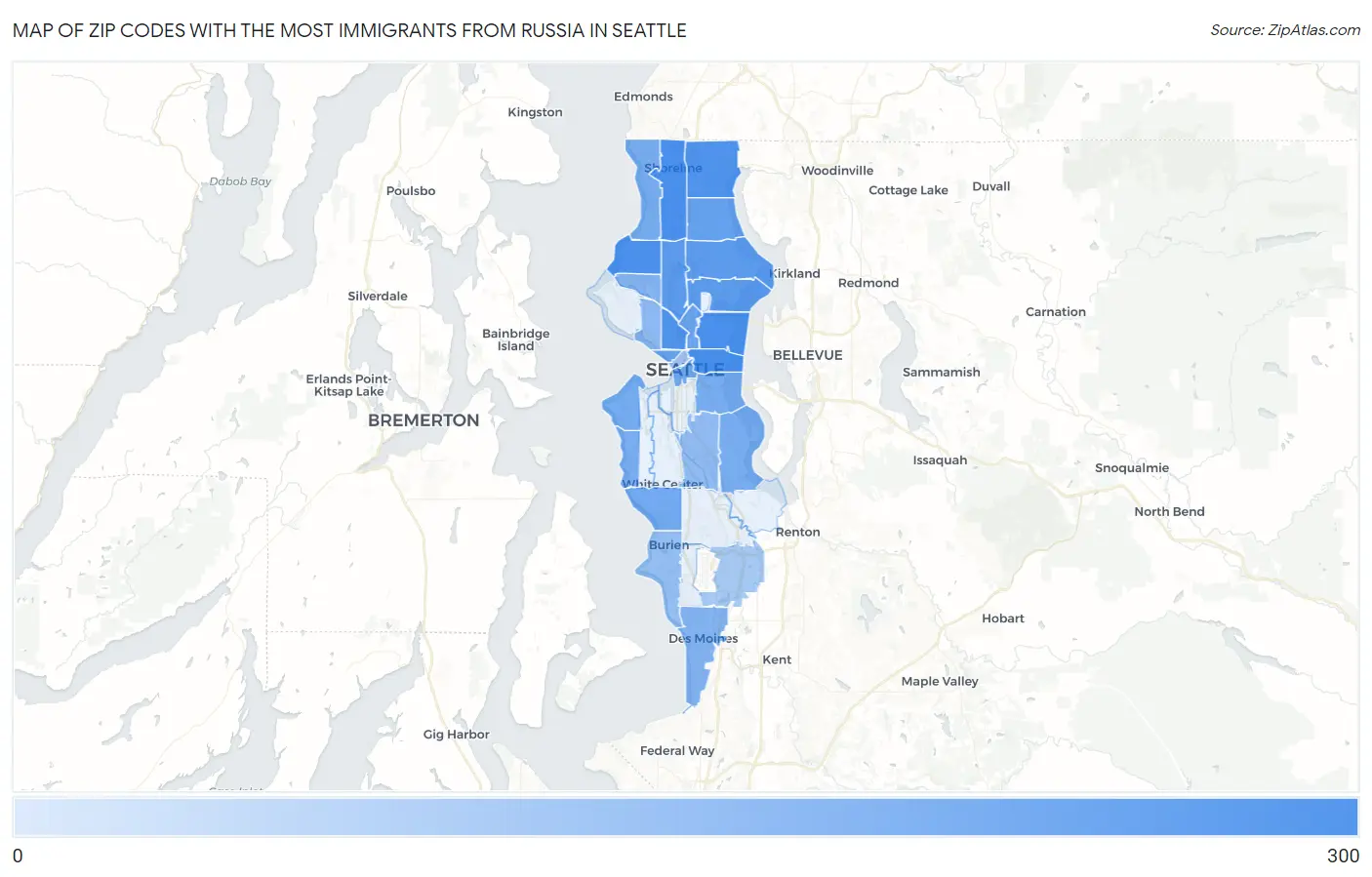 Zip Codes with the Most Immigrants from Russia in Seattle Map