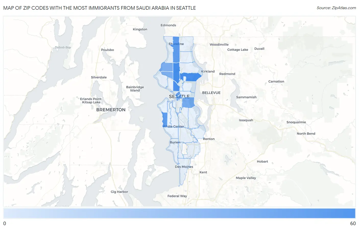 Zip Codes with the Most Immigrants from Saudi Arabia in Seattle Map