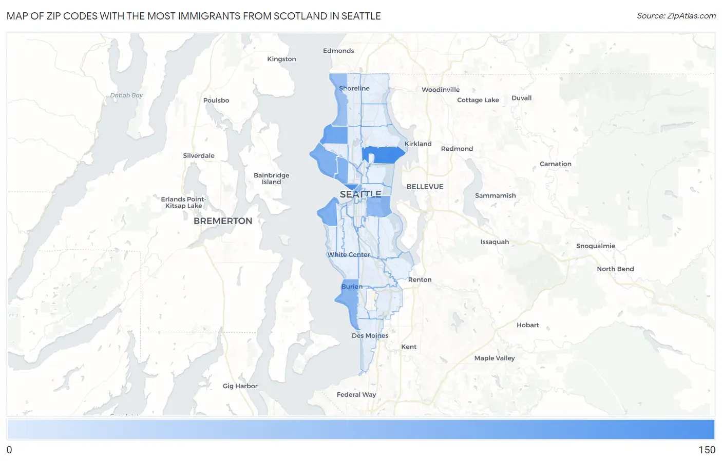 Zip Codes with the Most Immigrants from Scotland in Seattle Map