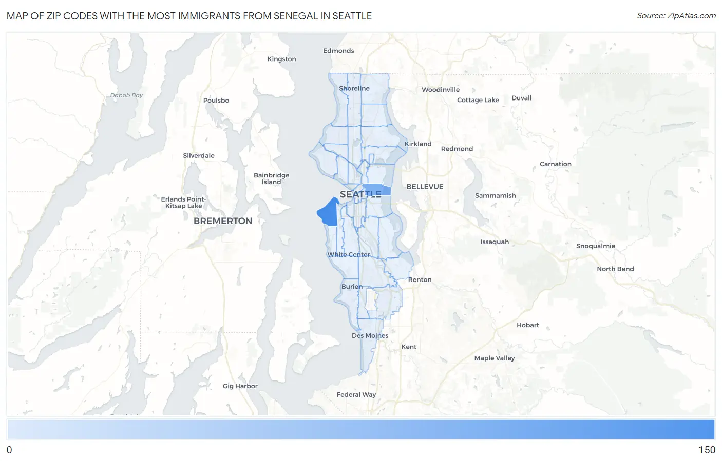 Zip Codes with the Most Immigrants from Senegal in Seattle Map