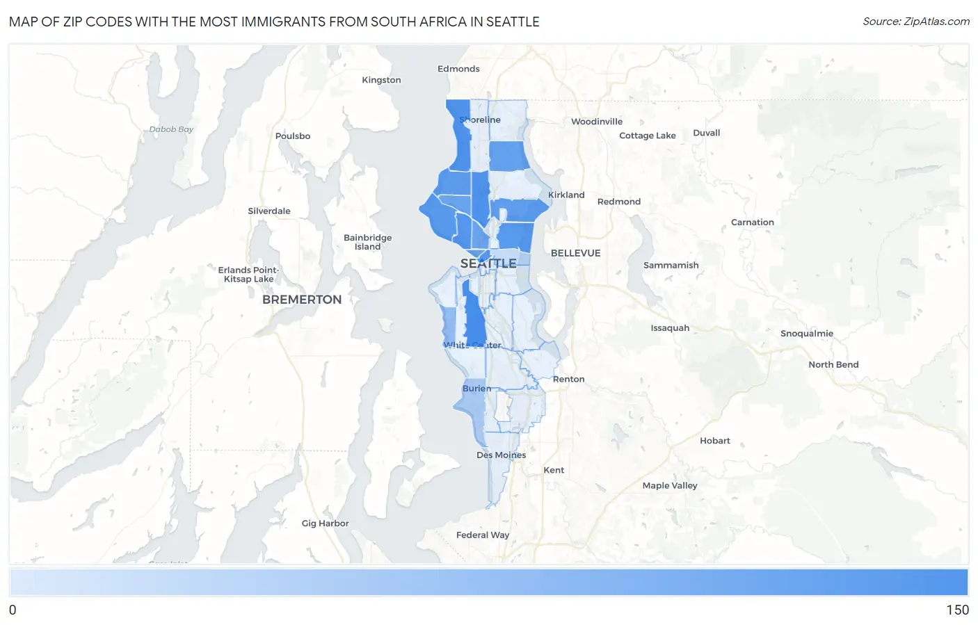 Zip Codes with the Most Immigrants from South Africa in Seattle Map
