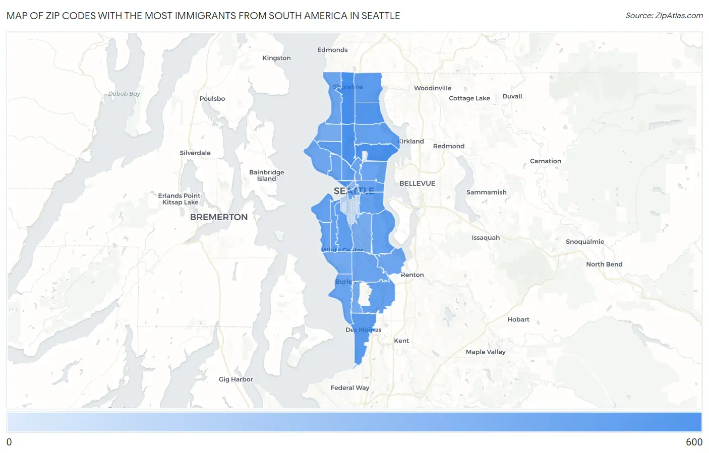 Zip Codes with the Most Immigrants from South America in Seattle Map