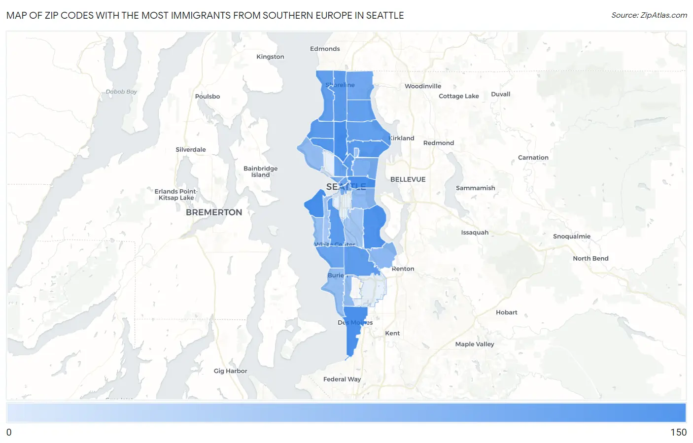 Zip Codes with the Most Immigrants from Southern Europe in Seattle Map