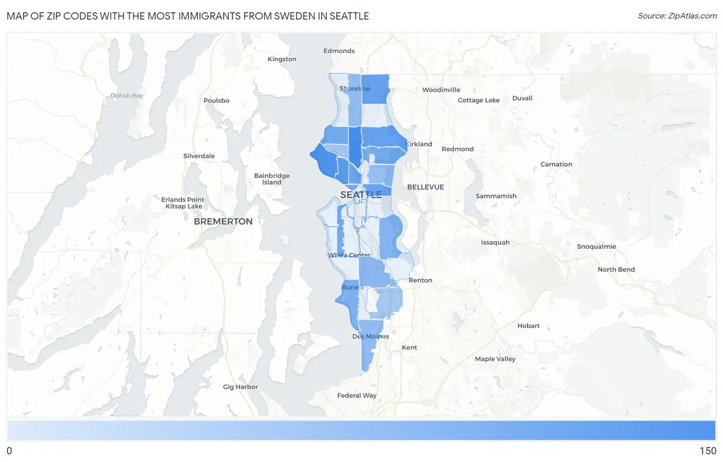 Zip Codes with the Most Immigrants from Sweden in Seattle Map