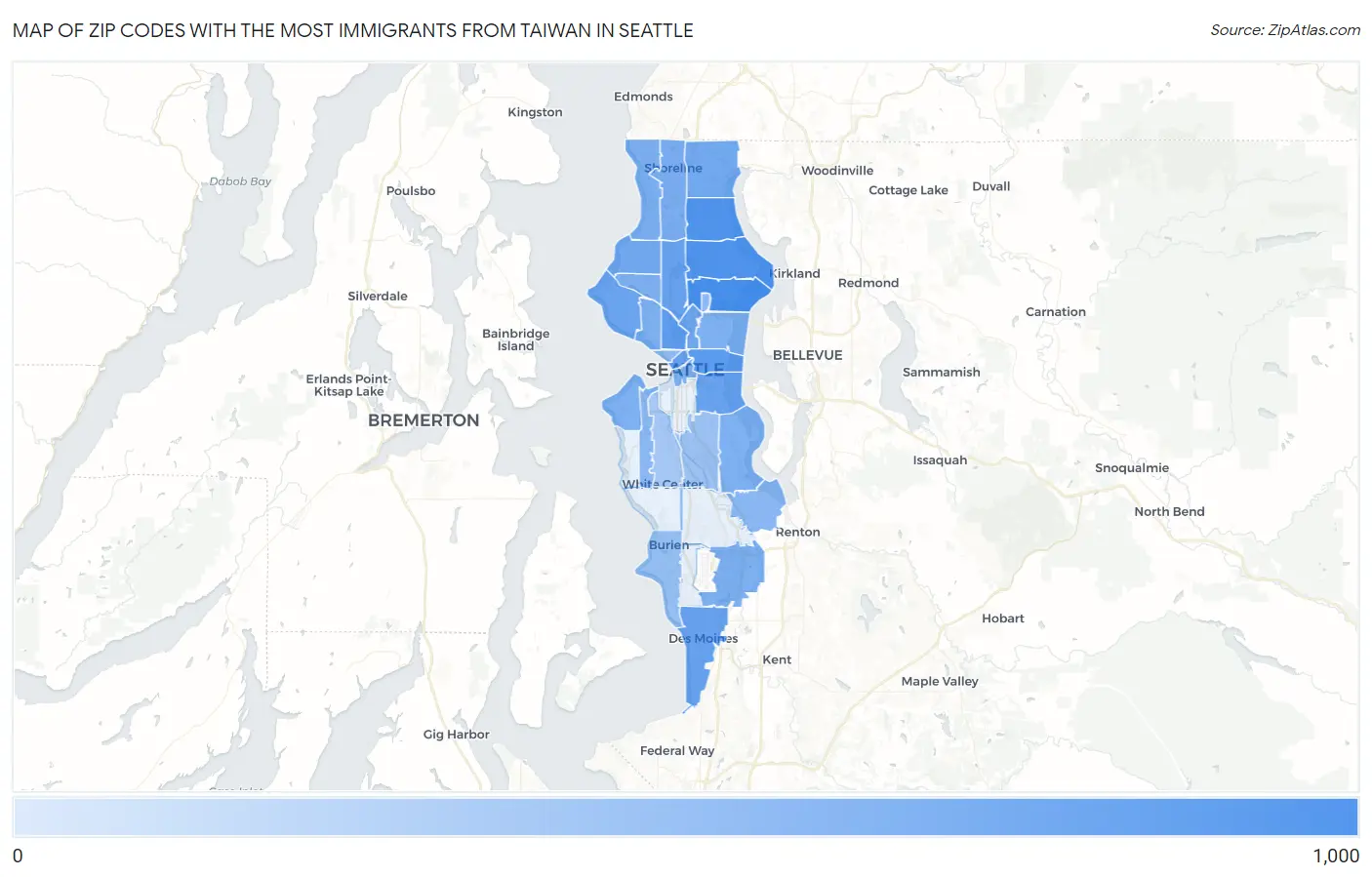 Zip Codes with the Most Immigrants from Taiwan in Seattle Map