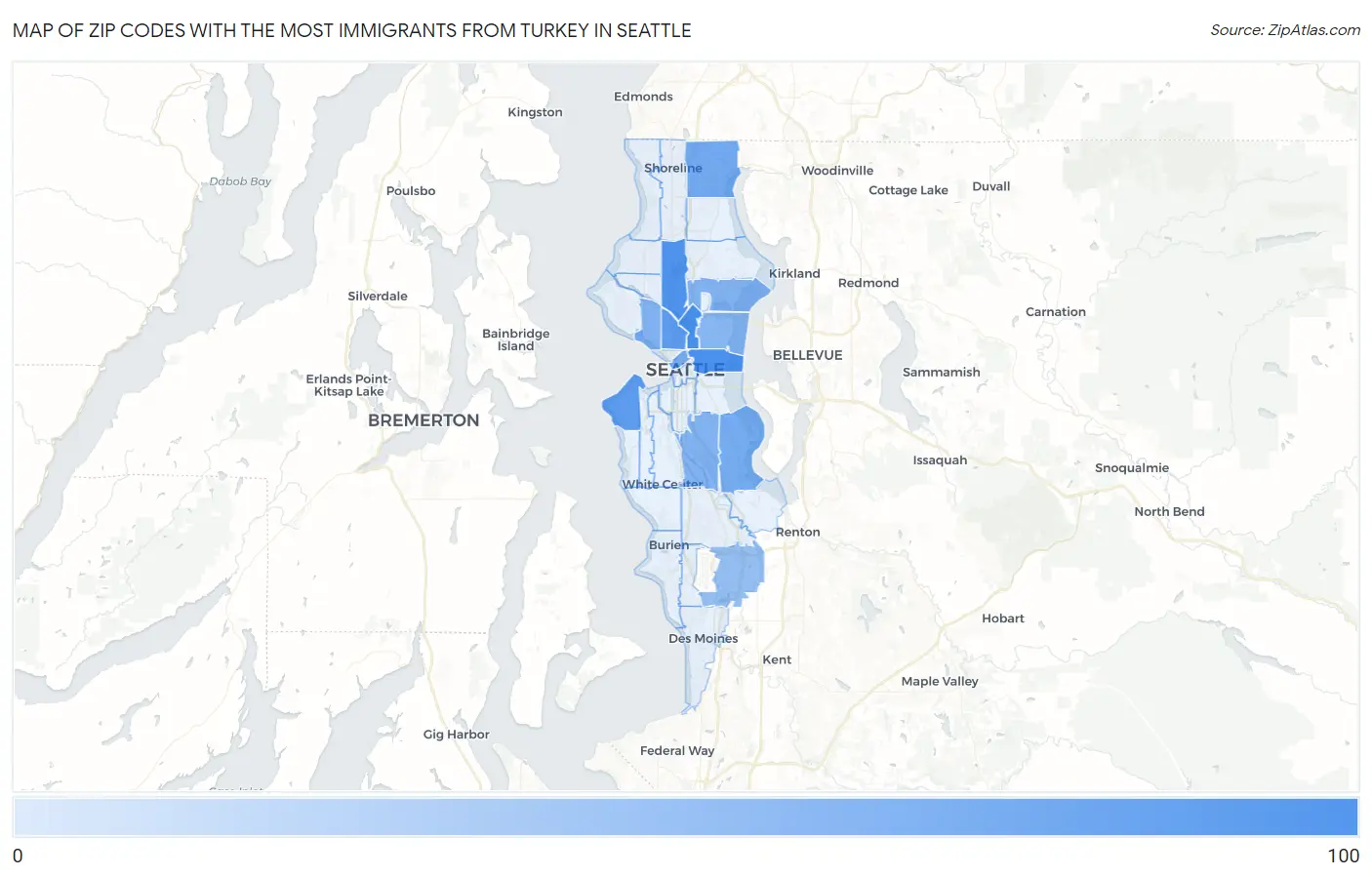 Zip Codes with the Most Immigrants from Turkey in Seattle Map