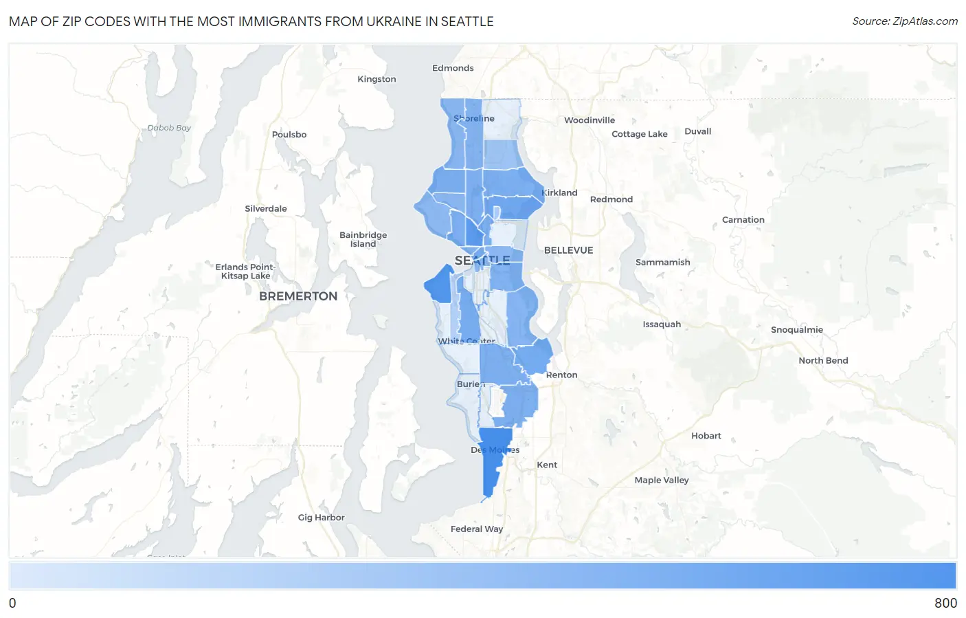 Zip Codes with the Most Immigrants from Ukraine in Seattle Map