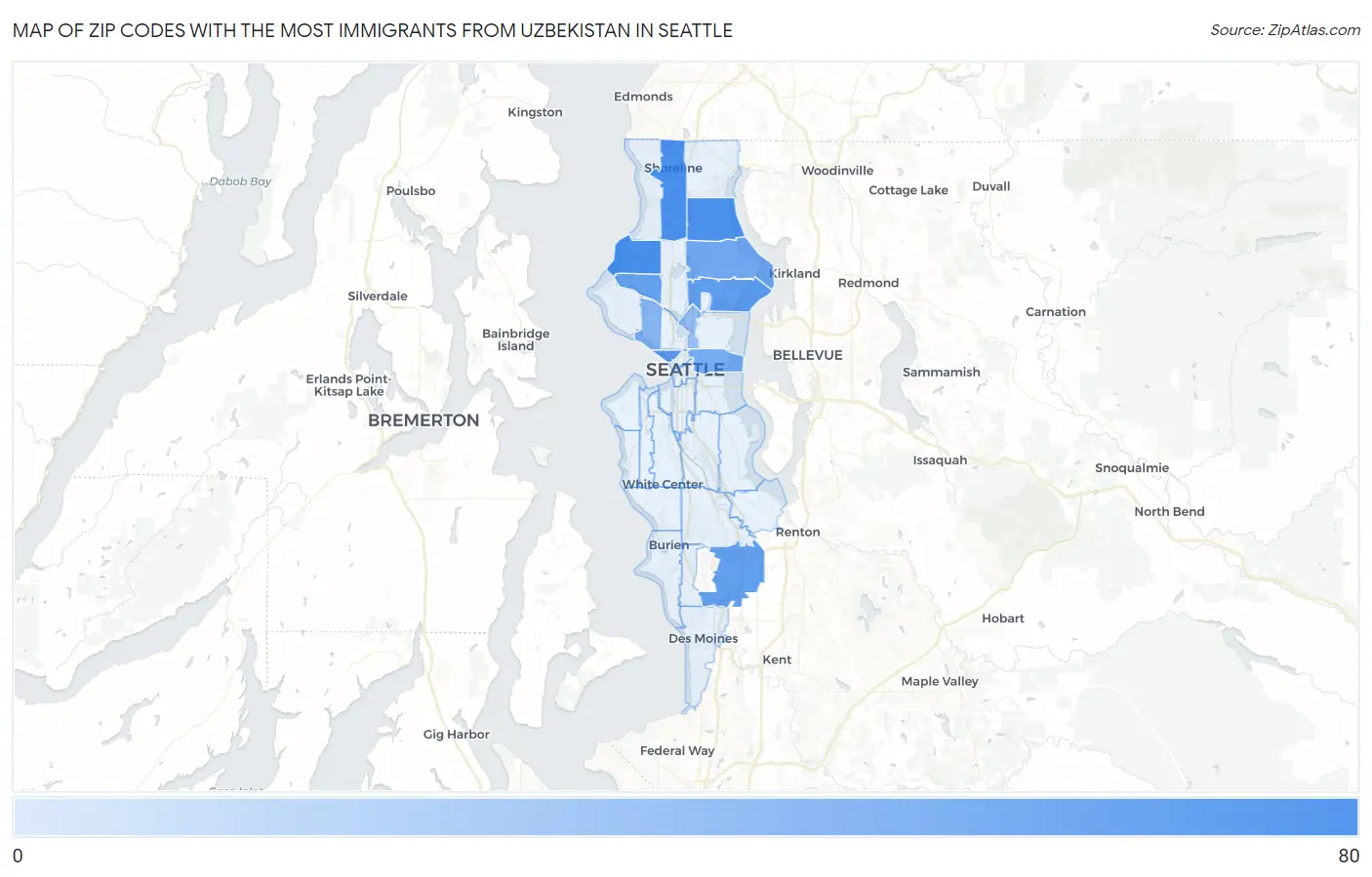 Zip Codes with the Most Immigrants from Uzbekistan in Seattle Map