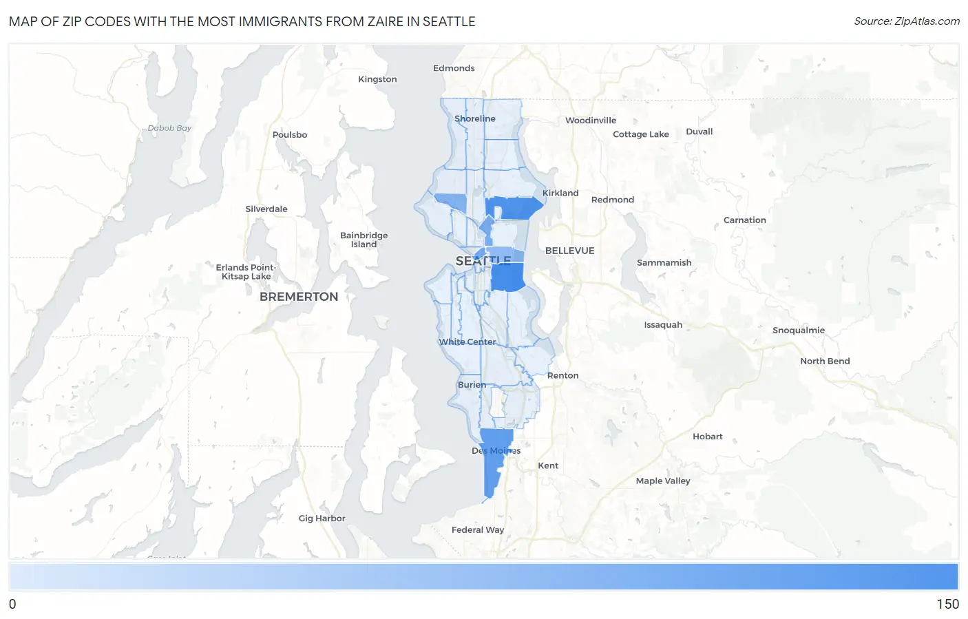 Zip Codes with the Most Immigrants from Zaire in Seattle Map