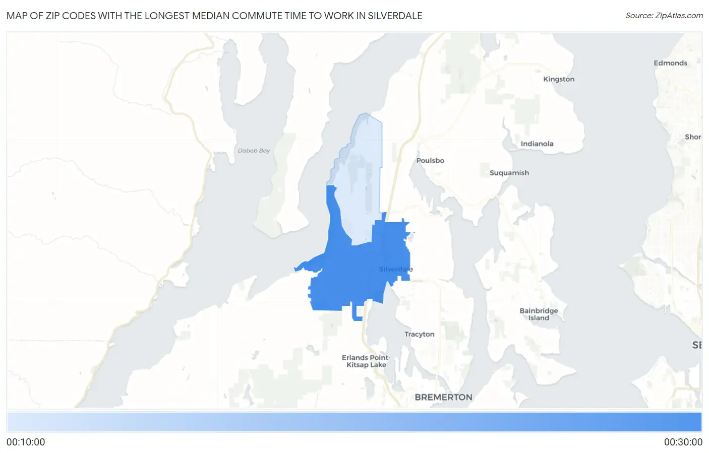 Zip Codes with the Longest Median Commute Time to Work in Silverdale Map