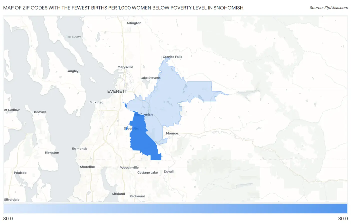 Zip Codes with the Fewest Births per 1,000 Women Below Poverty Level in Snohomish Map