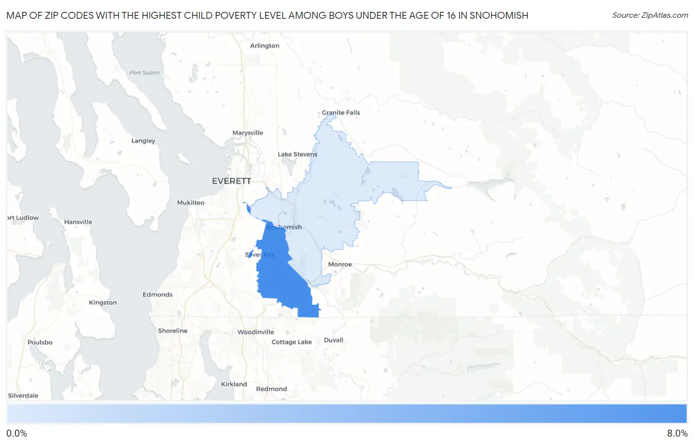 Zip Codes with the Highest Child Poverty Level Among Boys Under the Age of 16 in Snohomish Map