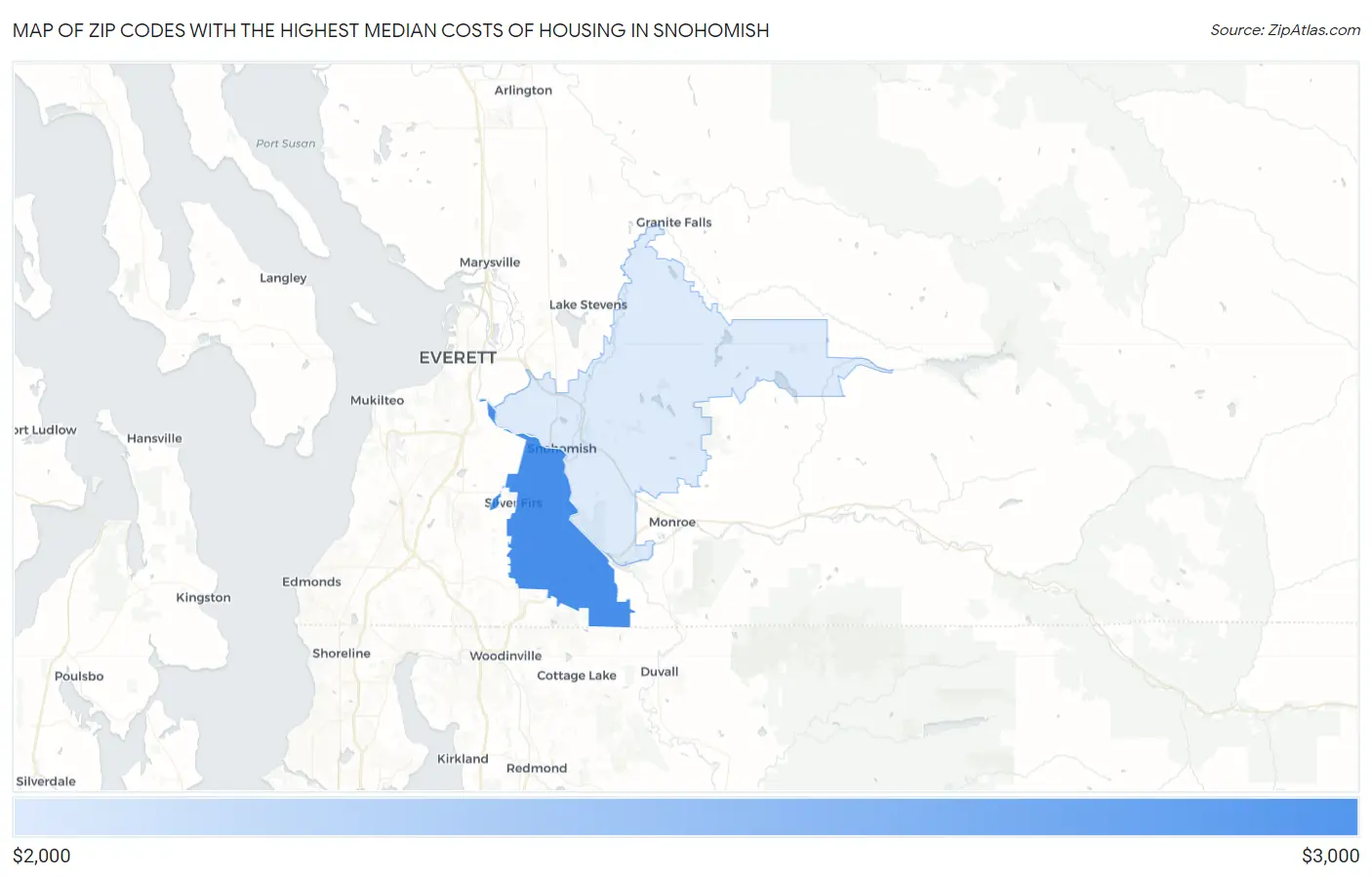 Zip Codes with the Highest Median Costs of Housing in Snohomish Map