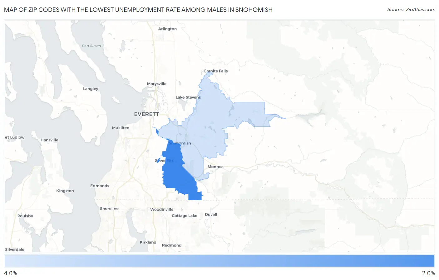 Zip Codes with the Lowest Unemployment Rate Among Males in Snohomish Map