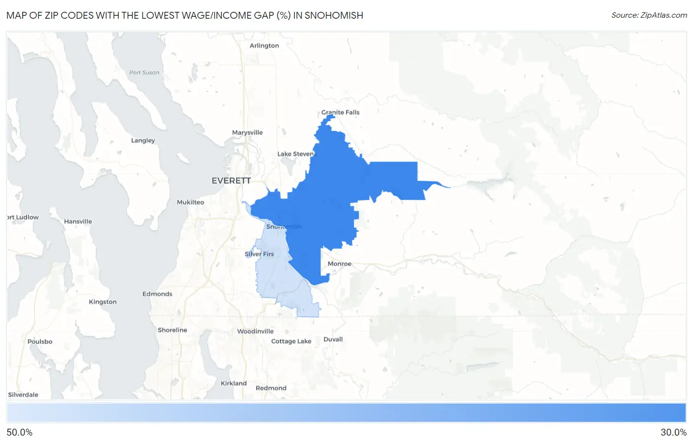 Zip Codes with the Lowest Wage/Income Gap (%) in Snohomish Map