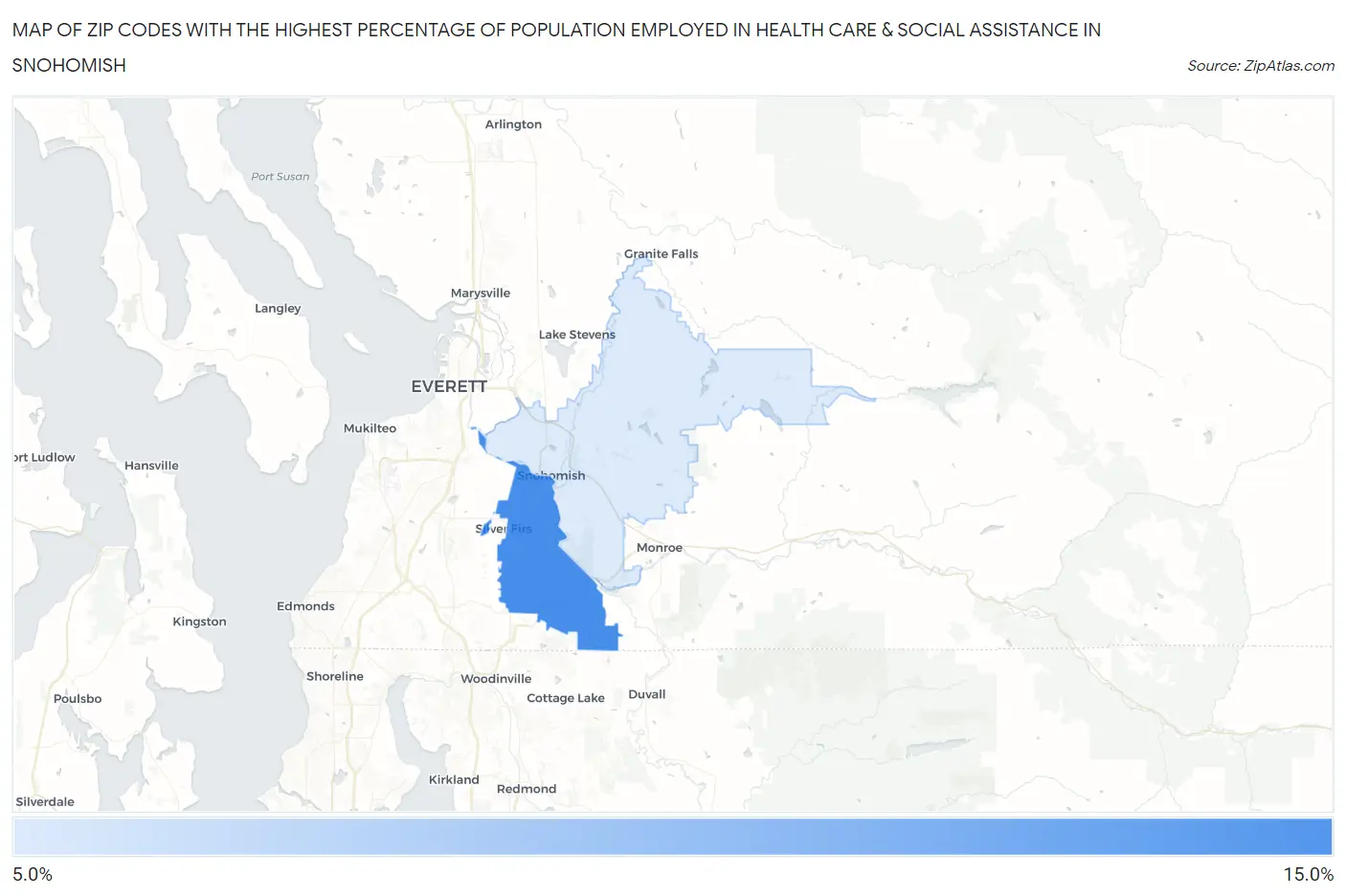 Zip Codes with the Highest Percentage of Population Employed in Health Care & Social Assistance in Snohomish Map