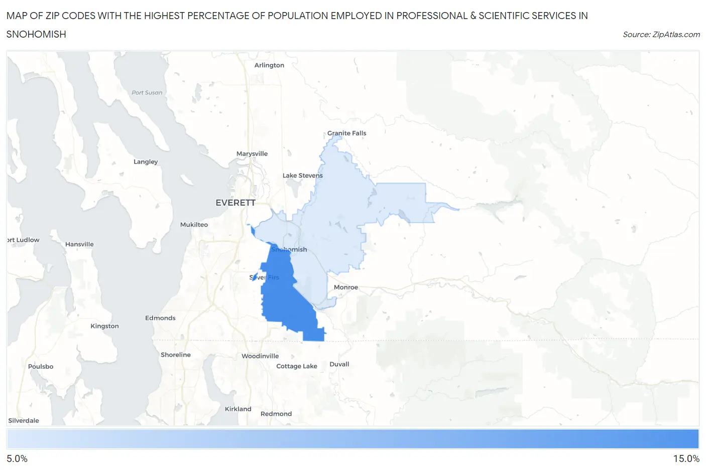 Zip Codes with the Highest Percentage of Population Employed in Professional & Scientific Services in Snohomish Map