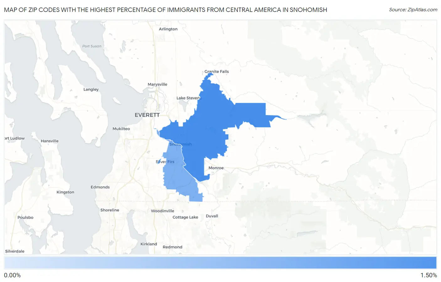 Zip Codes with the Highest Percentage of Immigrants from Central America in Snohomish Map