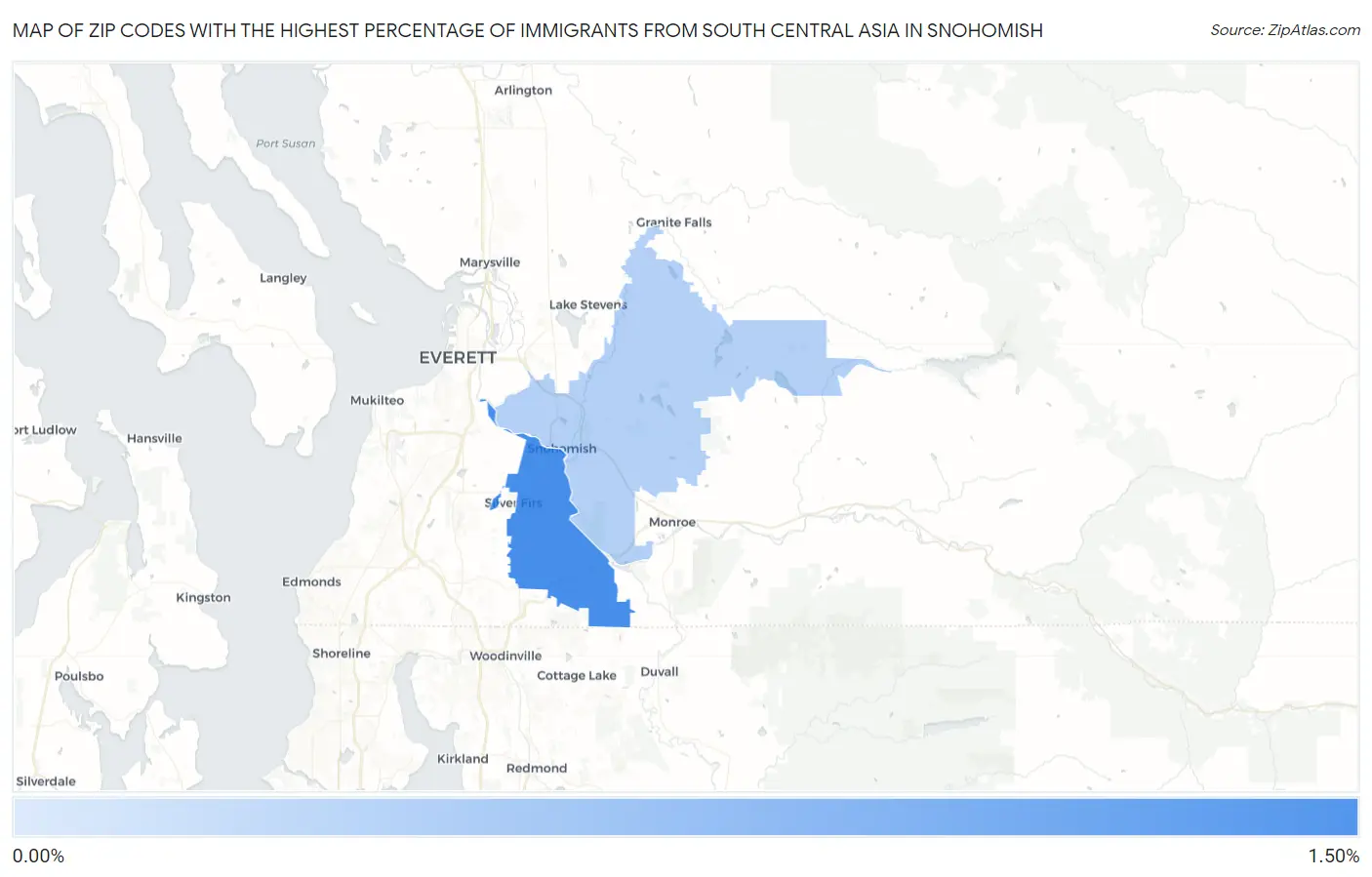 Zip Codes with the Highest Percentage of Immigrants from South Central Asia in Snohomish Map