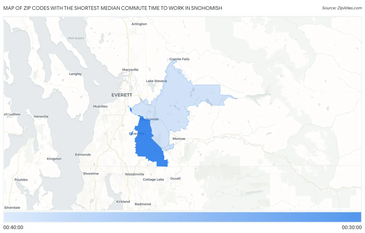 Zip Codes with the Shortest Median Commute Time to Work in Snohomish Map