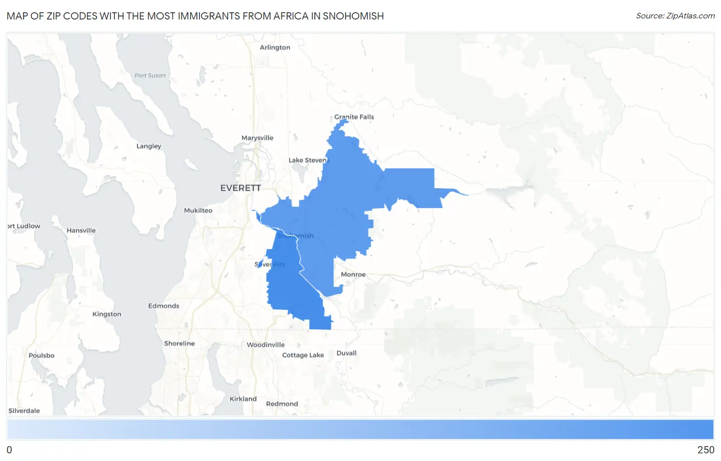 Zip Codes with the Most Immigrants from Africa in Snohomish Map