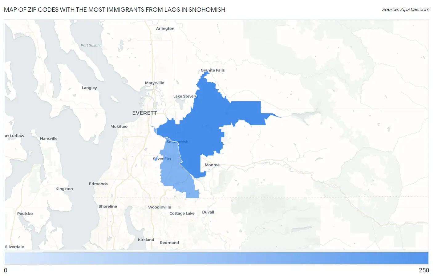 Zip Codes with the Most Immigrants from Laos in Snohomish Map