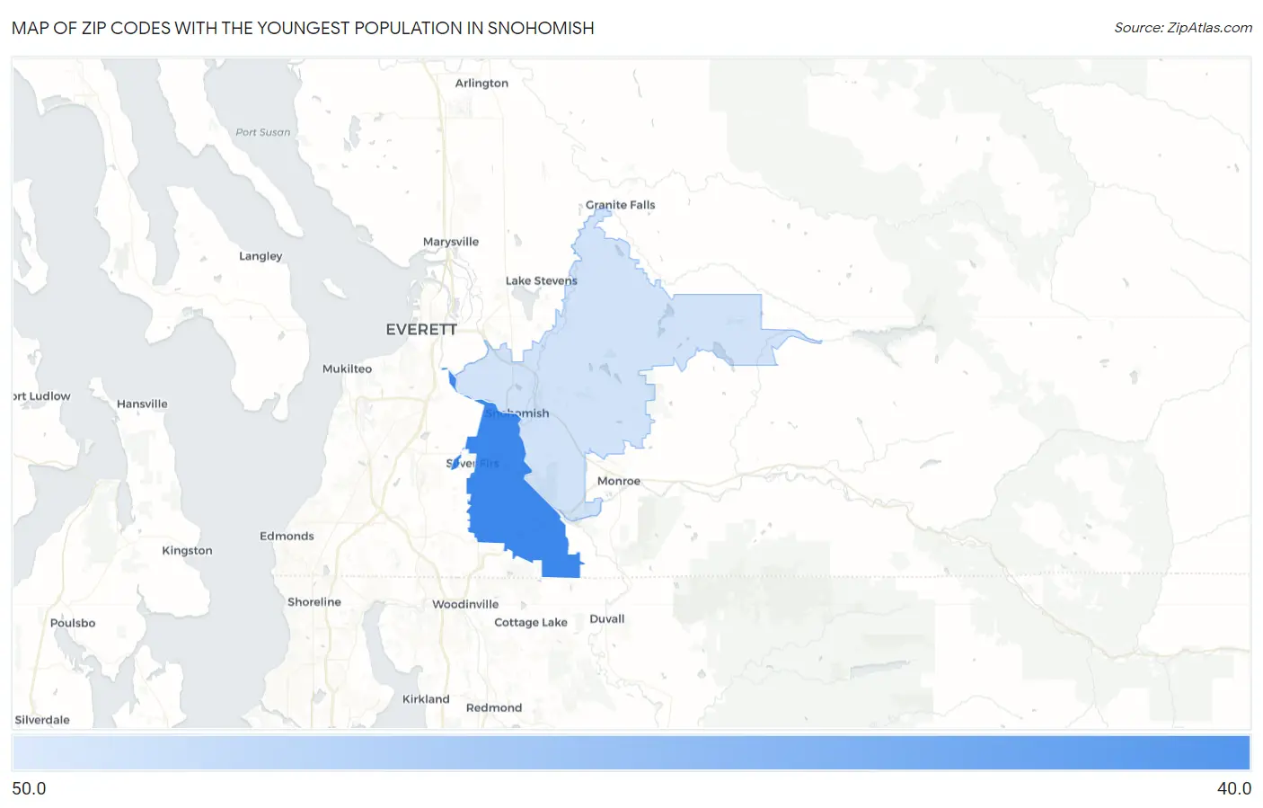 Zip Codes with the Youngest Population in Snohomish Map