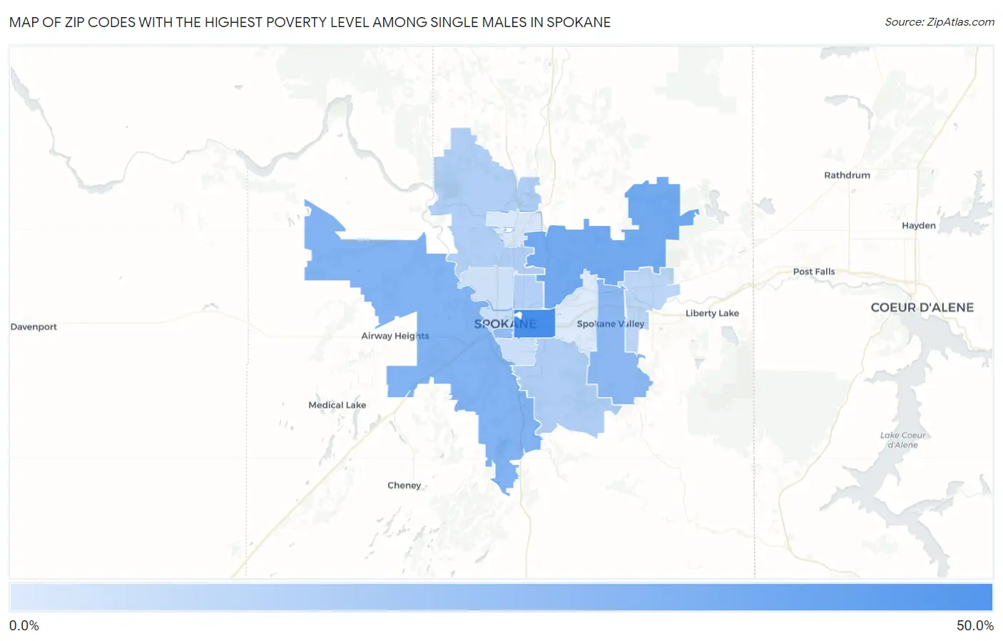 Zip Codes with the Highest Poverty Level Among Single Males in Spokane Map