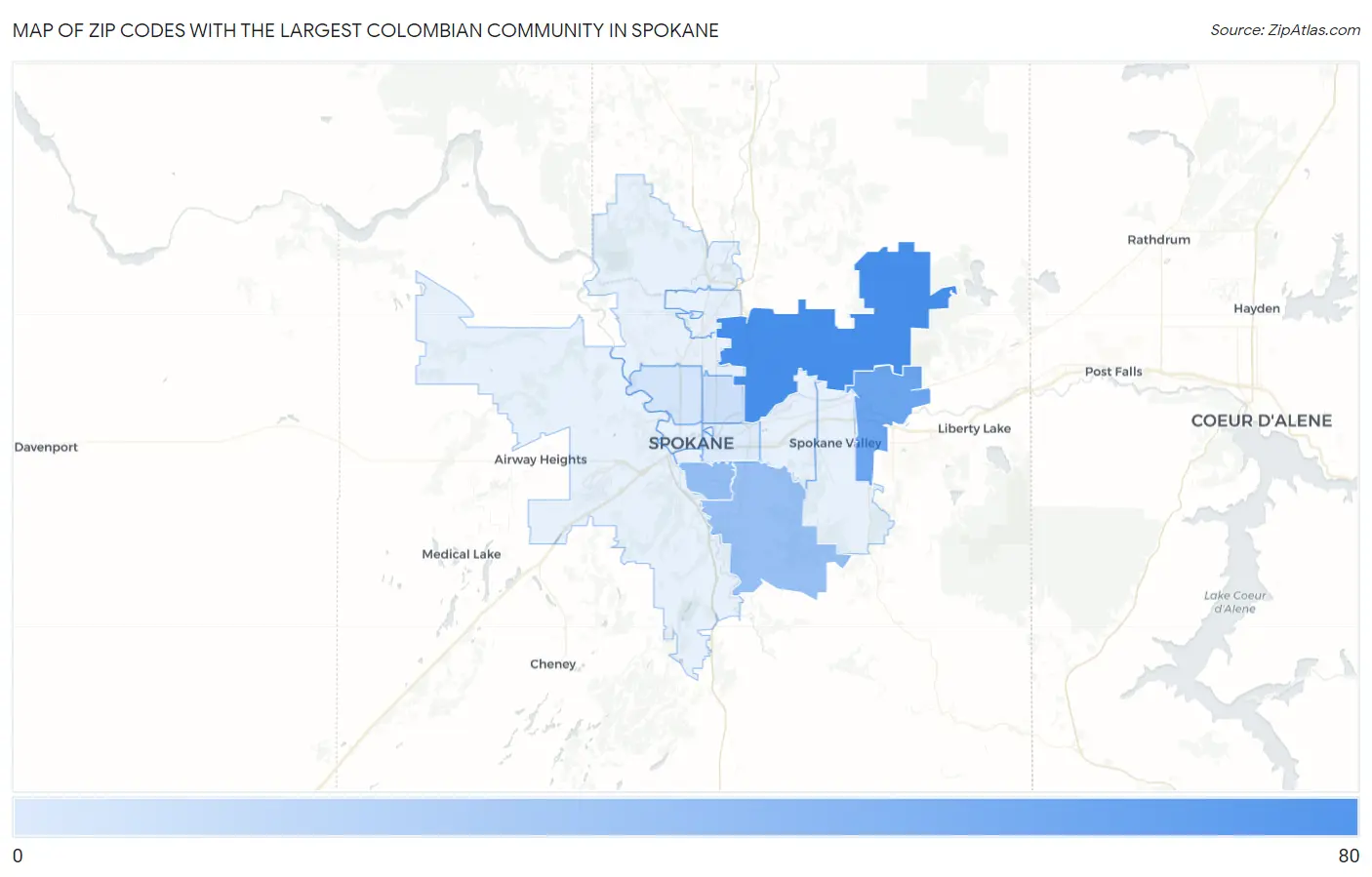Zip Codes with the Largest Colombian Community in Spokane Map