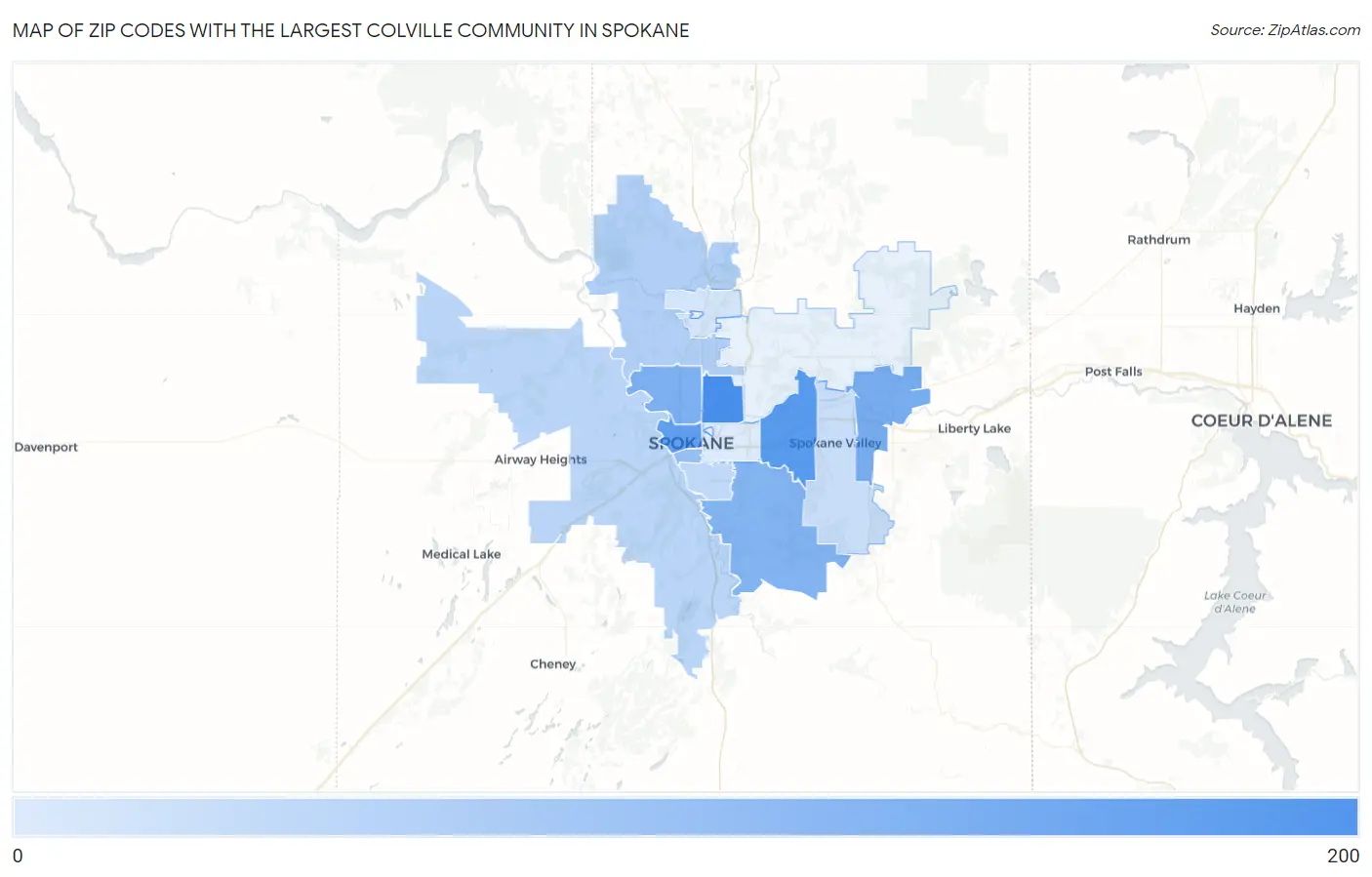 Zip Codes with the Largest Colville Community in Spokane Map