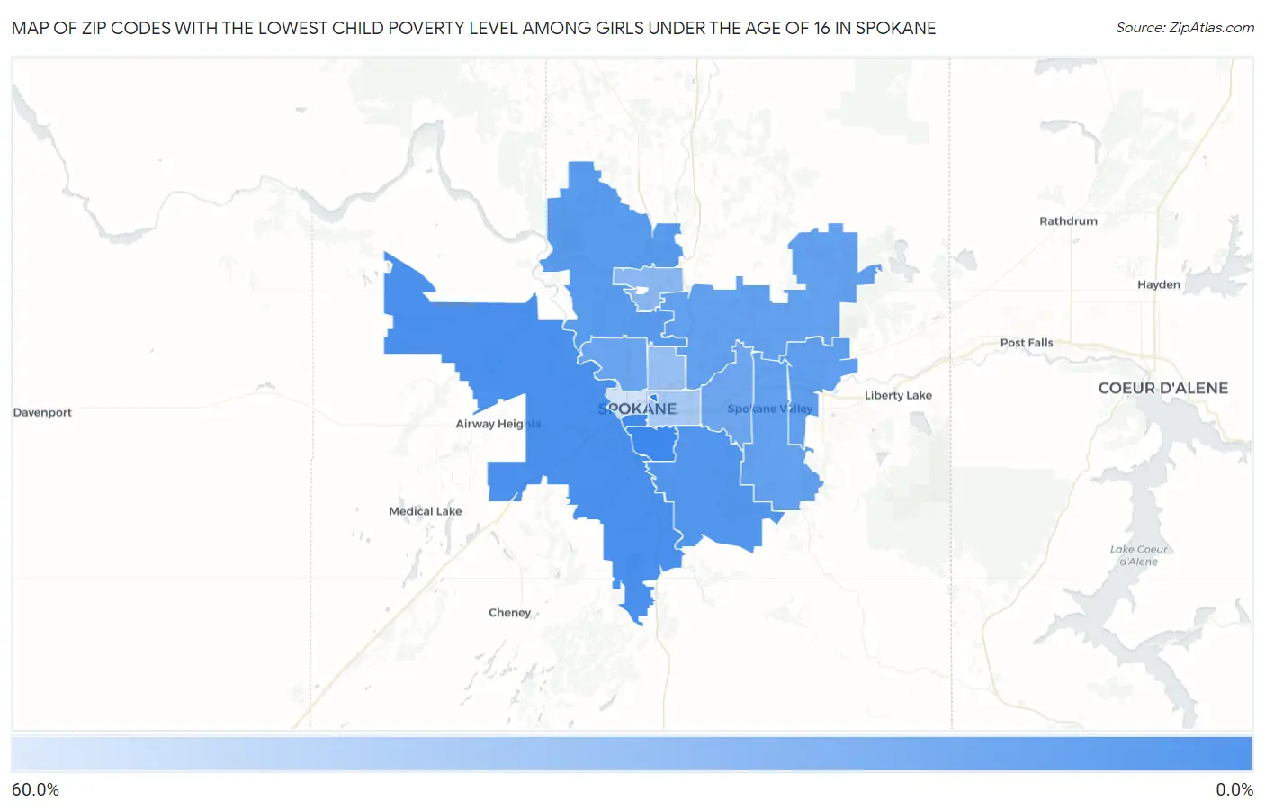 Zip Codes with the Lowest Child Poverty Level Among Girls Under the Age of 16 in Spokane Map