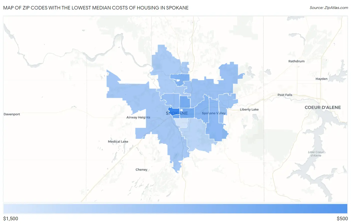 Zip Codes with the Lowest Median Costs of Housing in Spokane Map