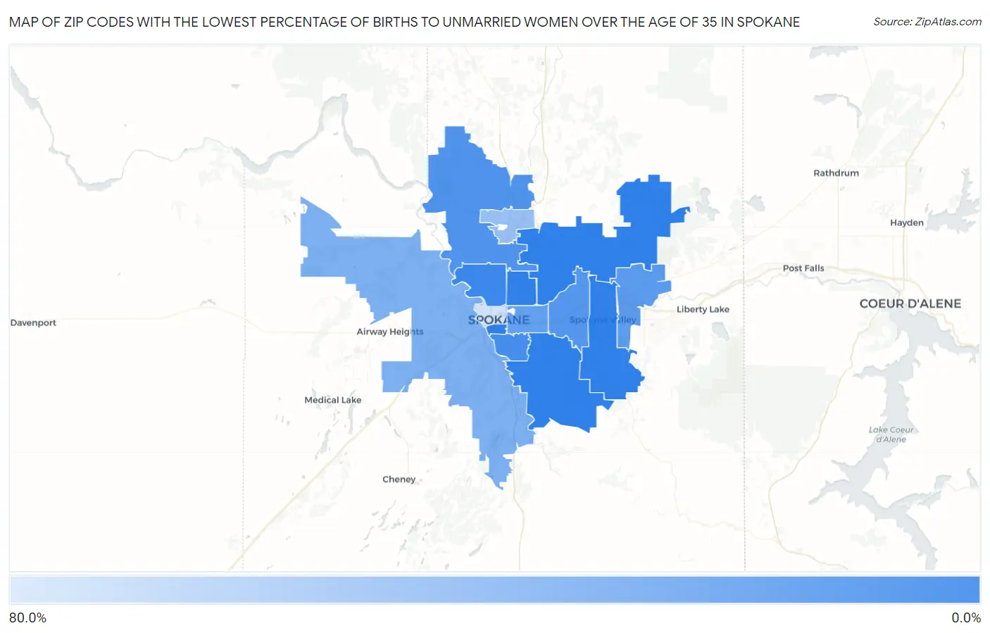 Zip Codes with the Lowest Percentage of Births to Unmarried Women over the Age of 35 in Spokane Map