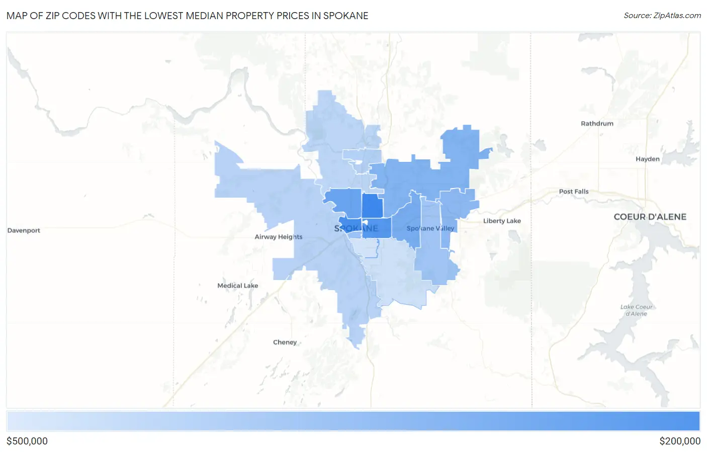 Zip Codes with the Lowest Median Property Prices in Spokane Map