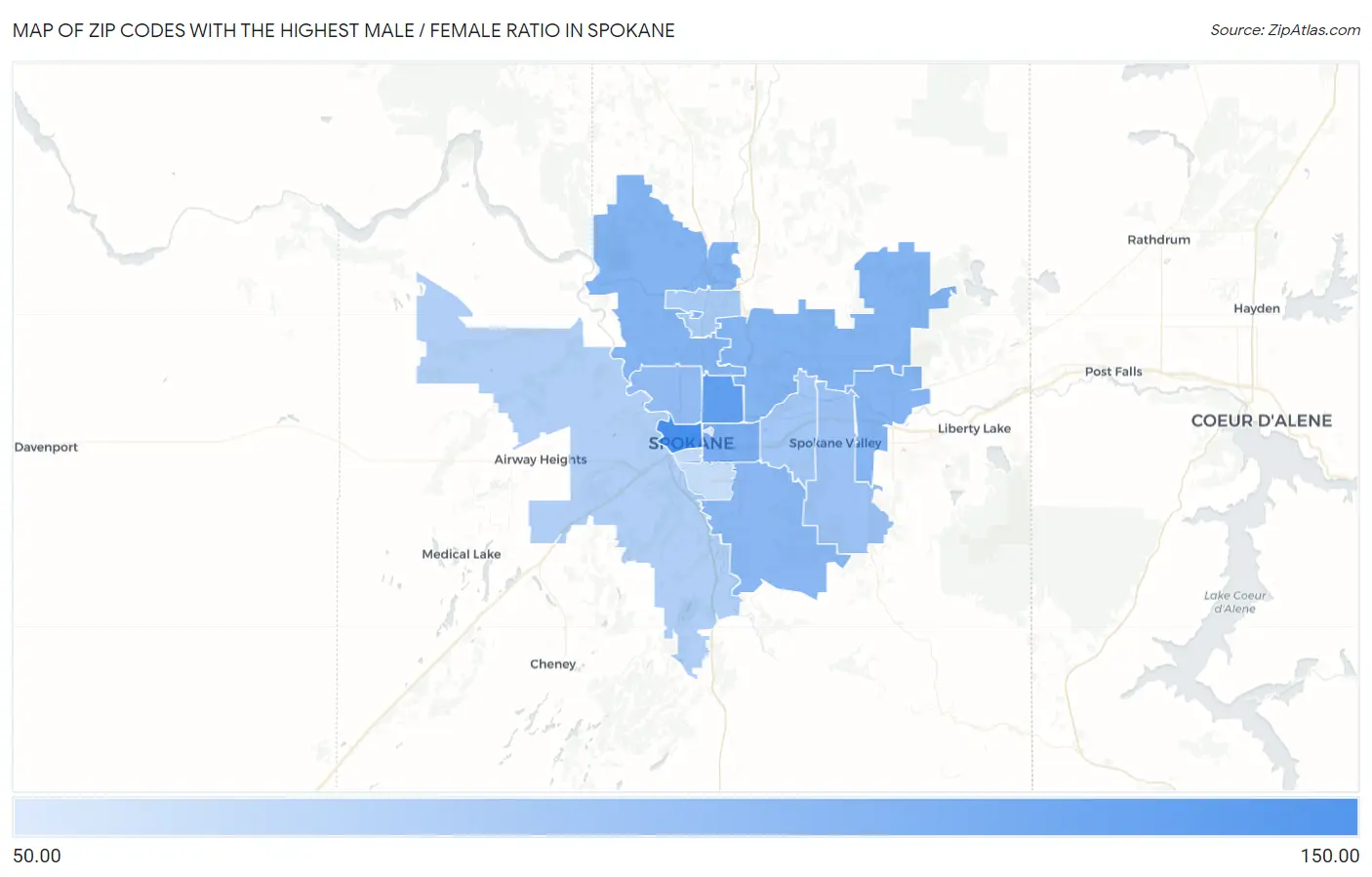 Zip Codes with the Highest Male / Female Ratio in Spokane Map