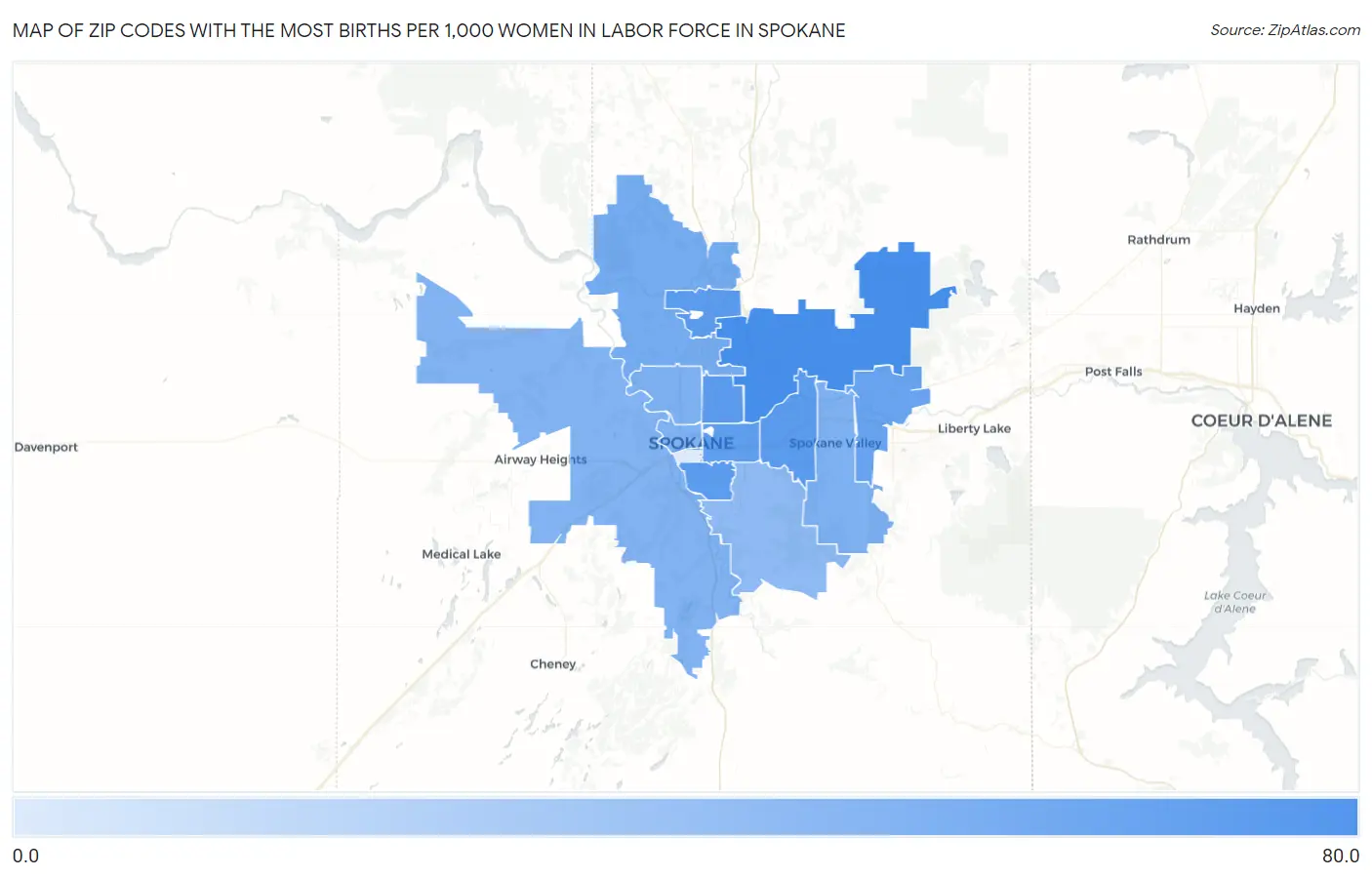 Zip Codes with the Most Births per 1,000 Women in Labor Force in Spokane Map
