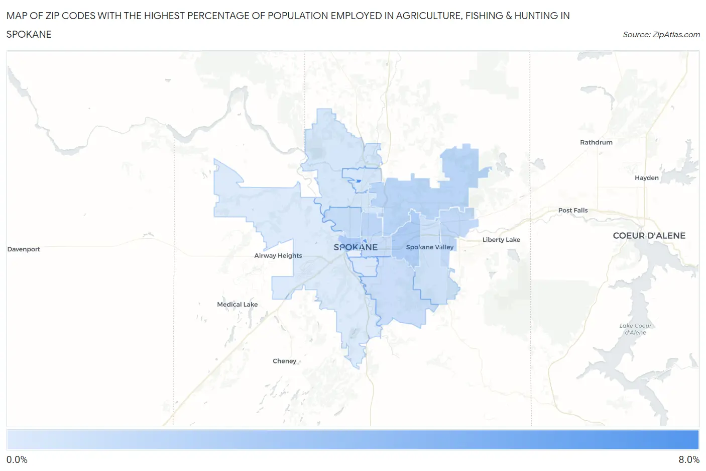 Zip Codes with the Highest Percentage of Population Employed in Agriculture, Fishing & Hunting in Spokane Map
