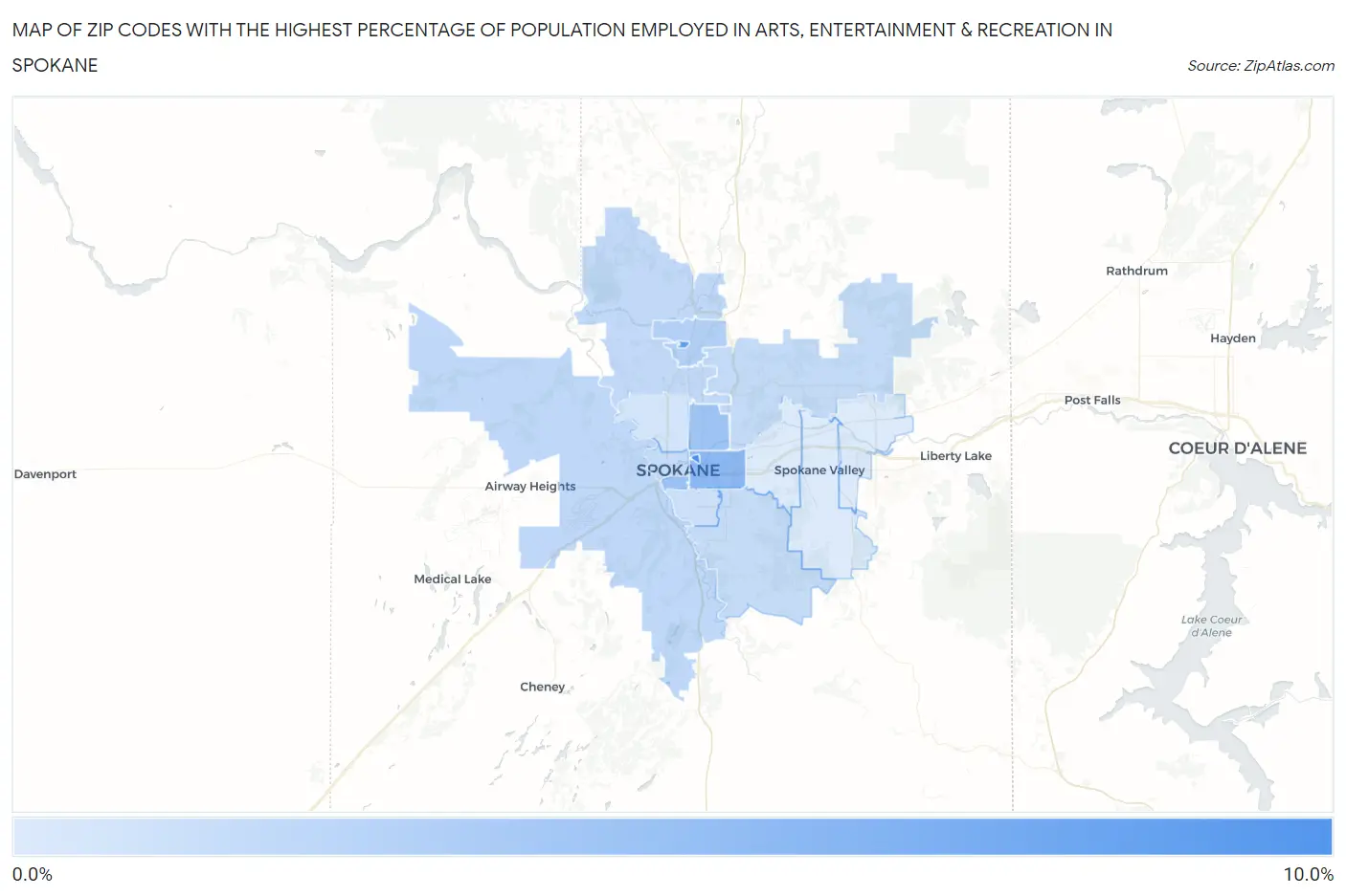 Zip Codes with the Highest Percentage of Population Employed in Arts, Entertainment & Recreation in Spokane Map