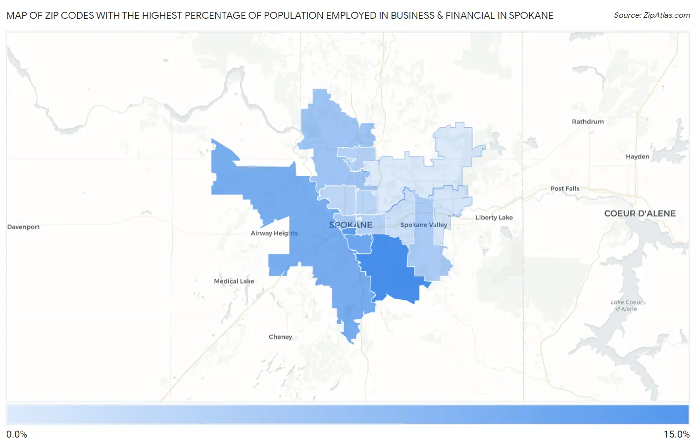 Zip Codes with the Highest Percentage of Population Employed in Business & Financial in Spokane Map