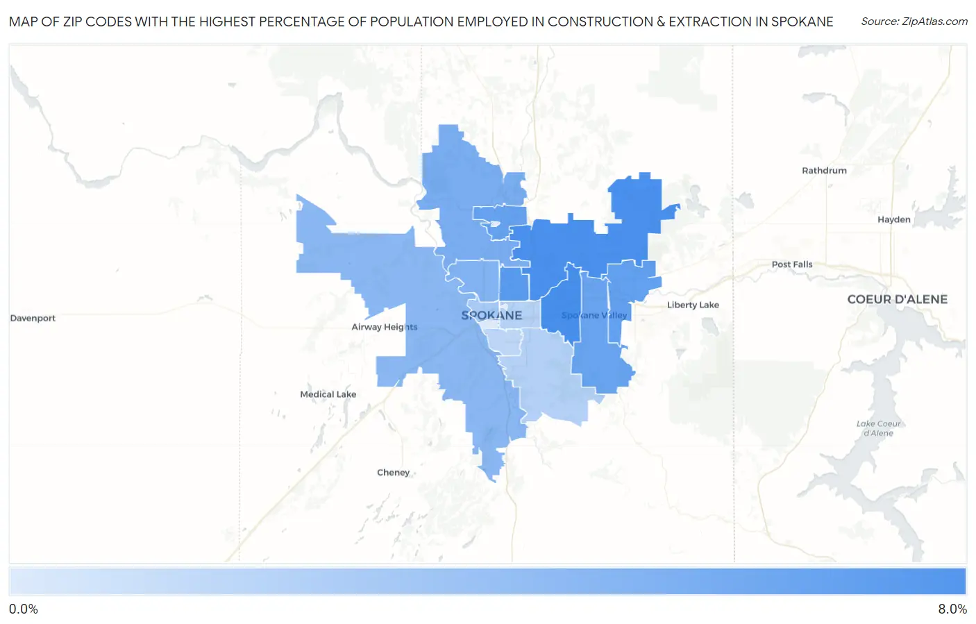 Zip Codes with the Highest Percentage of Population Employed in Construction & Extraction in Spokane Map
